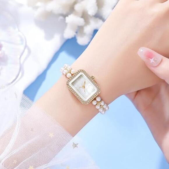 legant Pearl Watches for Women Small Square Dial Analog Quartz Watch Peal